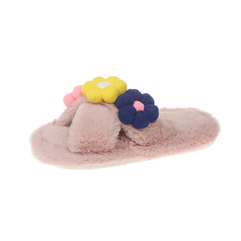 New Sweet Girls Winter Fur Slippers Elegant Flower Children Princess Warm Home Slippers Fashion Soft Versatile Kids Causal Shoes
