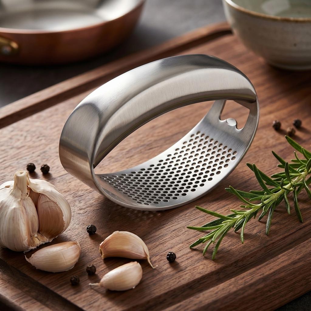 Stainless Manual Garlic Press with Handle, Easy To Use Garlic Mincer and Crusher for Kitchen