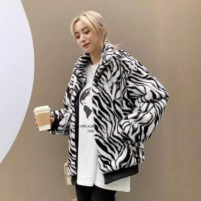 Autumn and Winter Large Size New Zebra Pattern Fur Fur Coat Stand-up Collar Imitation Rabbit Fur Zipper Women's Threaded Clothes
