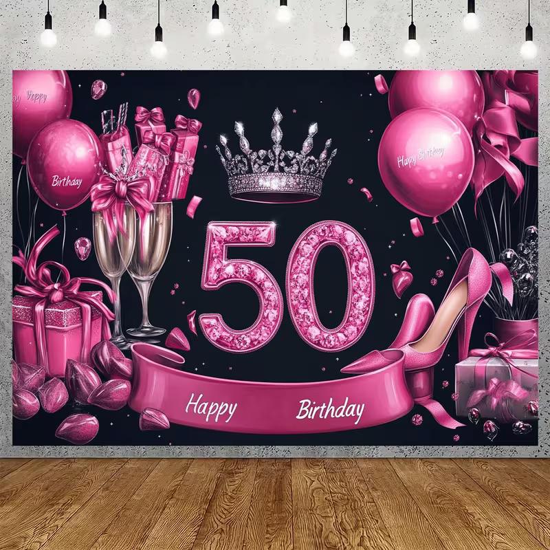 2D Glam Black Pink 50th Happy Birthday Photography Backdrop with Heels & Gifts