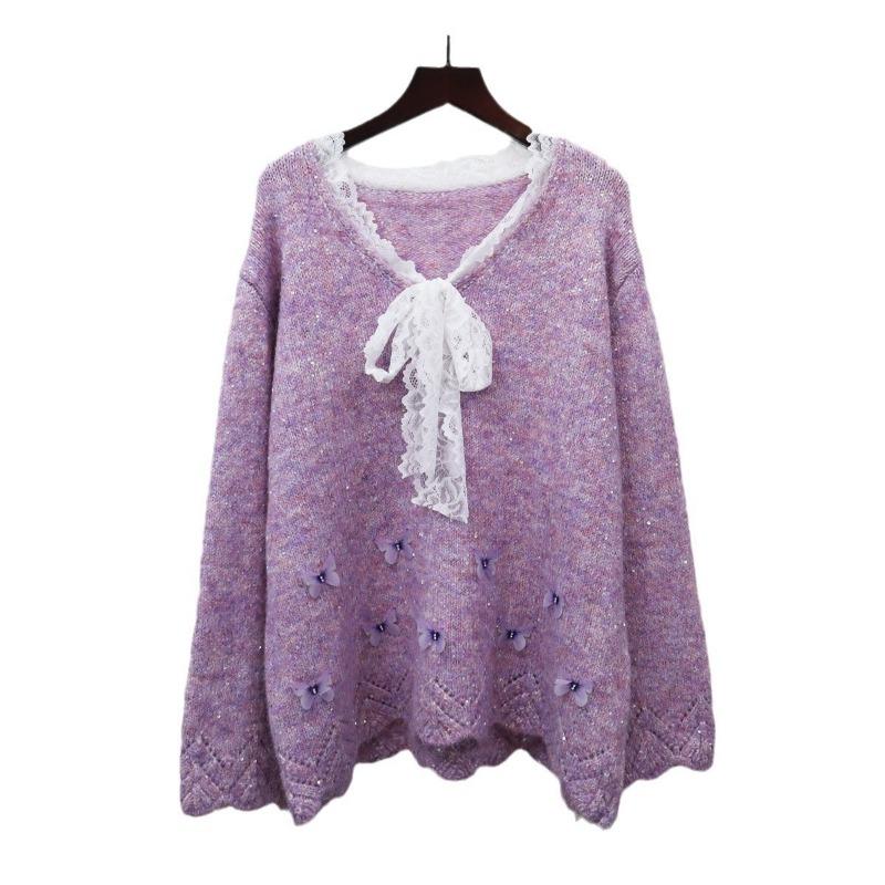 Spring New Splicing Lace Bow Design Sense Sequined Knitted Sweater Top Loose Sweater Pullover Women