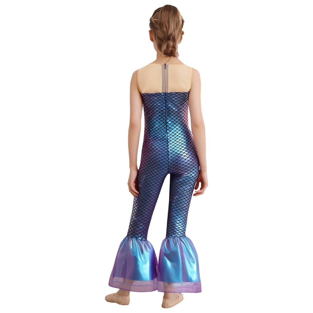 Girls Mermaid Cosplay Costume Sleeveless Flared Jumpsuit Fish Scales Design Halloween Party Outfit