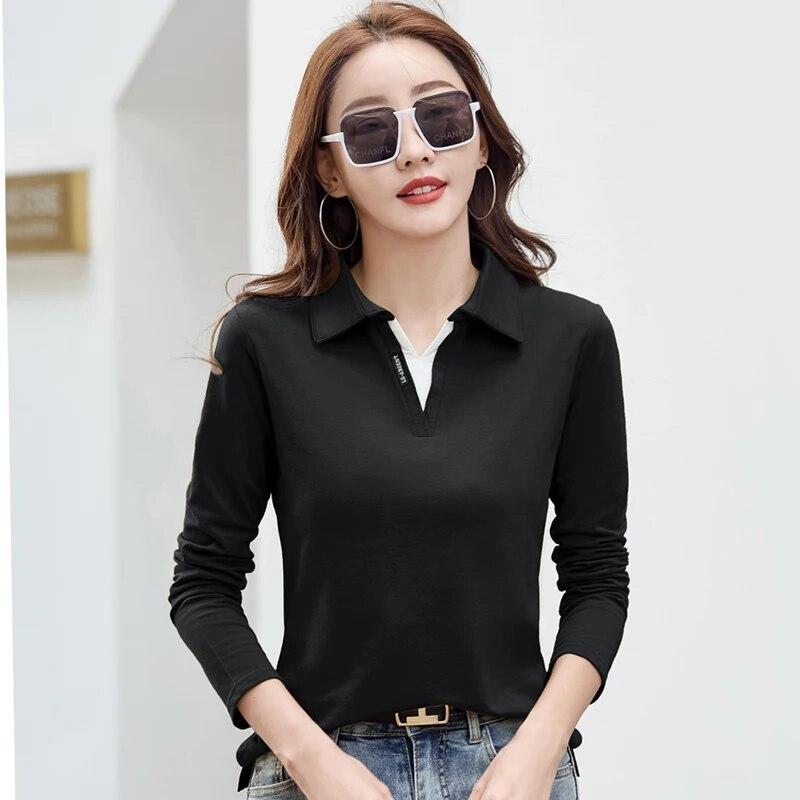 Herbst Damen Rollkragen Baumwolle Einfarbig Langarm T-Shirt Patchwork Damen Poloshirts für Damen