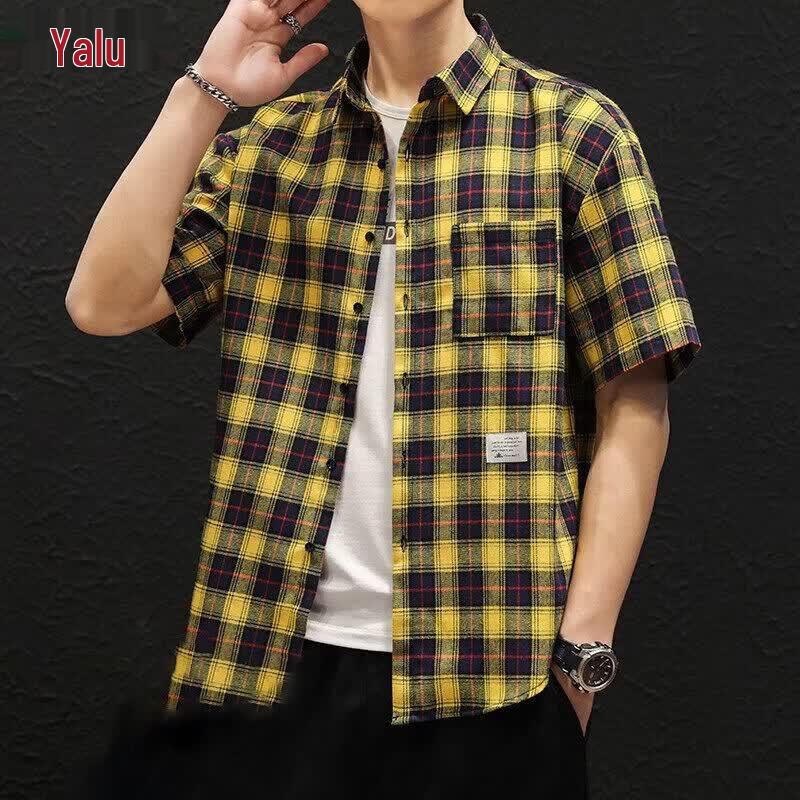 Yalu Men s Loose Fit Plaid Short-Sleeve Shirt L