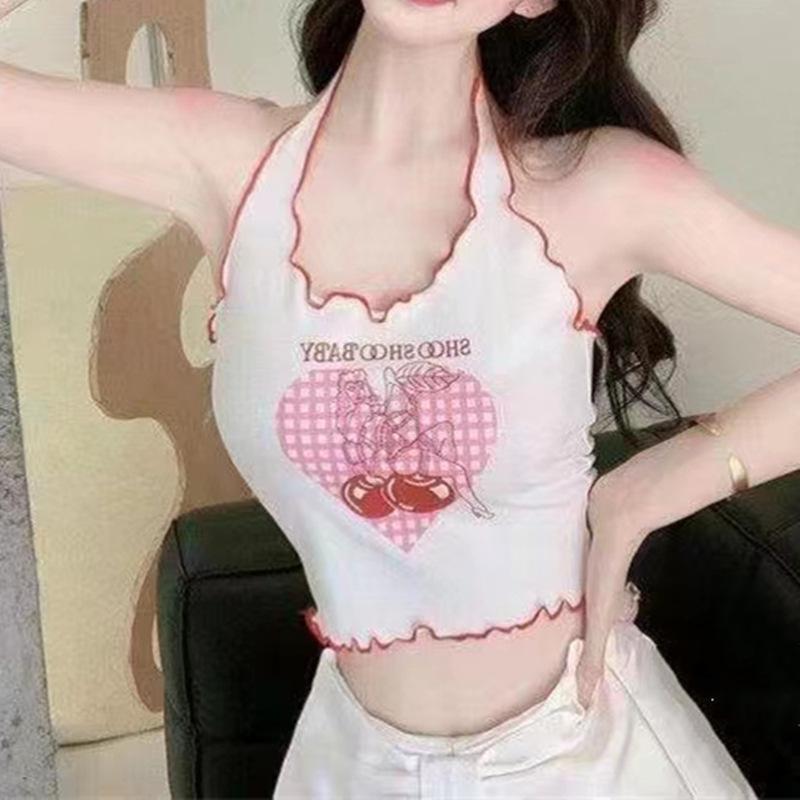 New Spring and Summer Design of Sweet Hot Girl Halter Neck Earrings Knitted Suspender Vest Top for Women