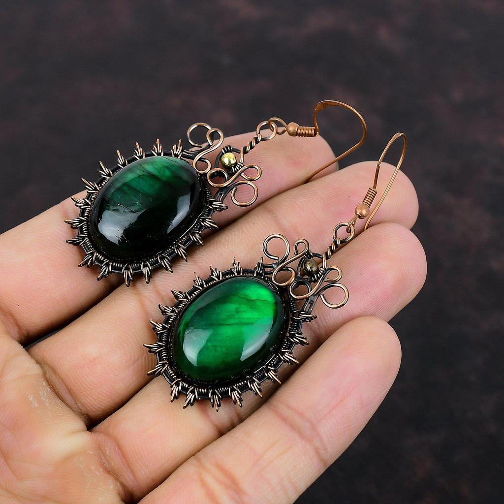 Green Fire Labradorite Earring Copper Wire Wrapped Earring Natural Gemstone Earrings Copper Jewelry Handmade Brand New Earring Gift For Mom