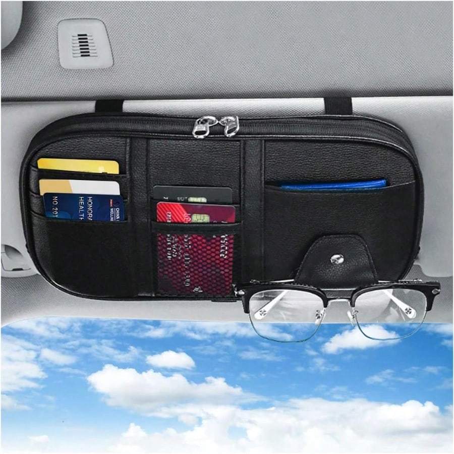 Car Sun Visor Organizer Multi-Pocket Storage For Sunglasses, Cards, Cash, License, Pen & Keys | Auto Interior Accessory With Zipper Net Pocket