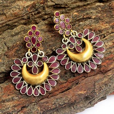 Women Gold Finish Pure 925 Sterling Silver Red Stone Earring