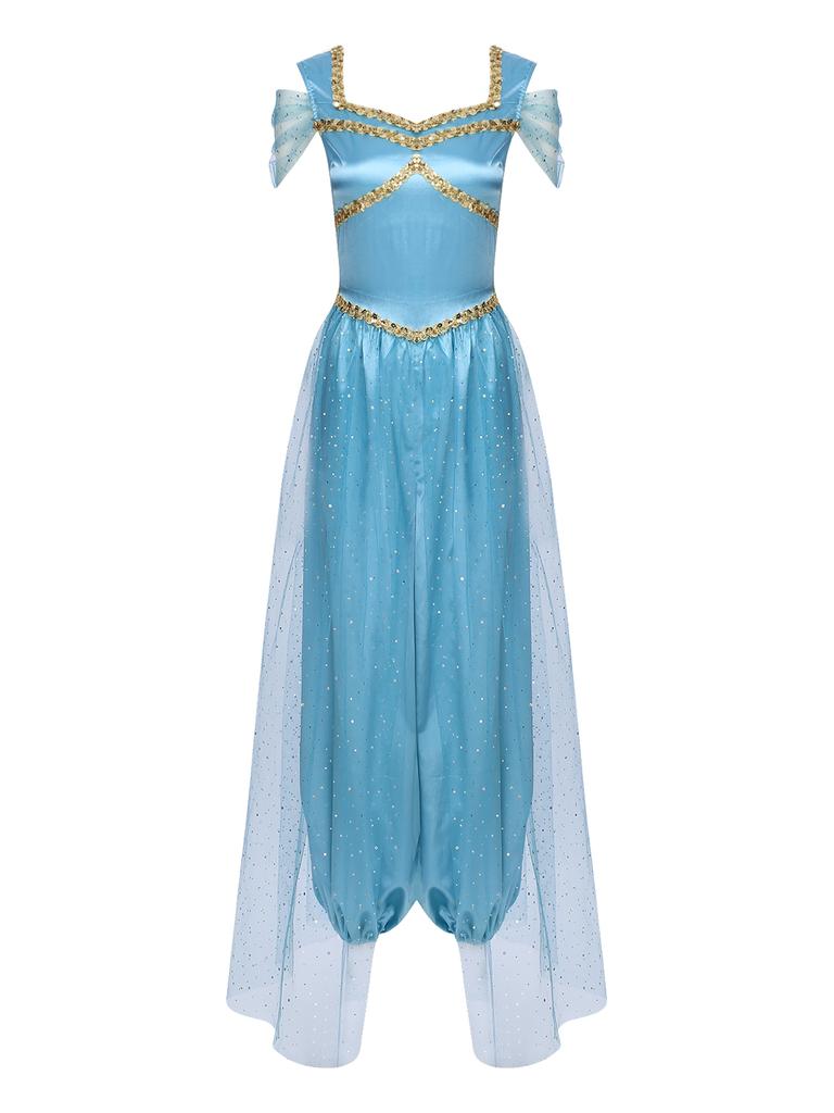 Womens Belly Dance Jumpsuit Sequin Trim Pumpkin Pants Tulle Overlay One Piece Romper Halloween Arabic Cosplay Party