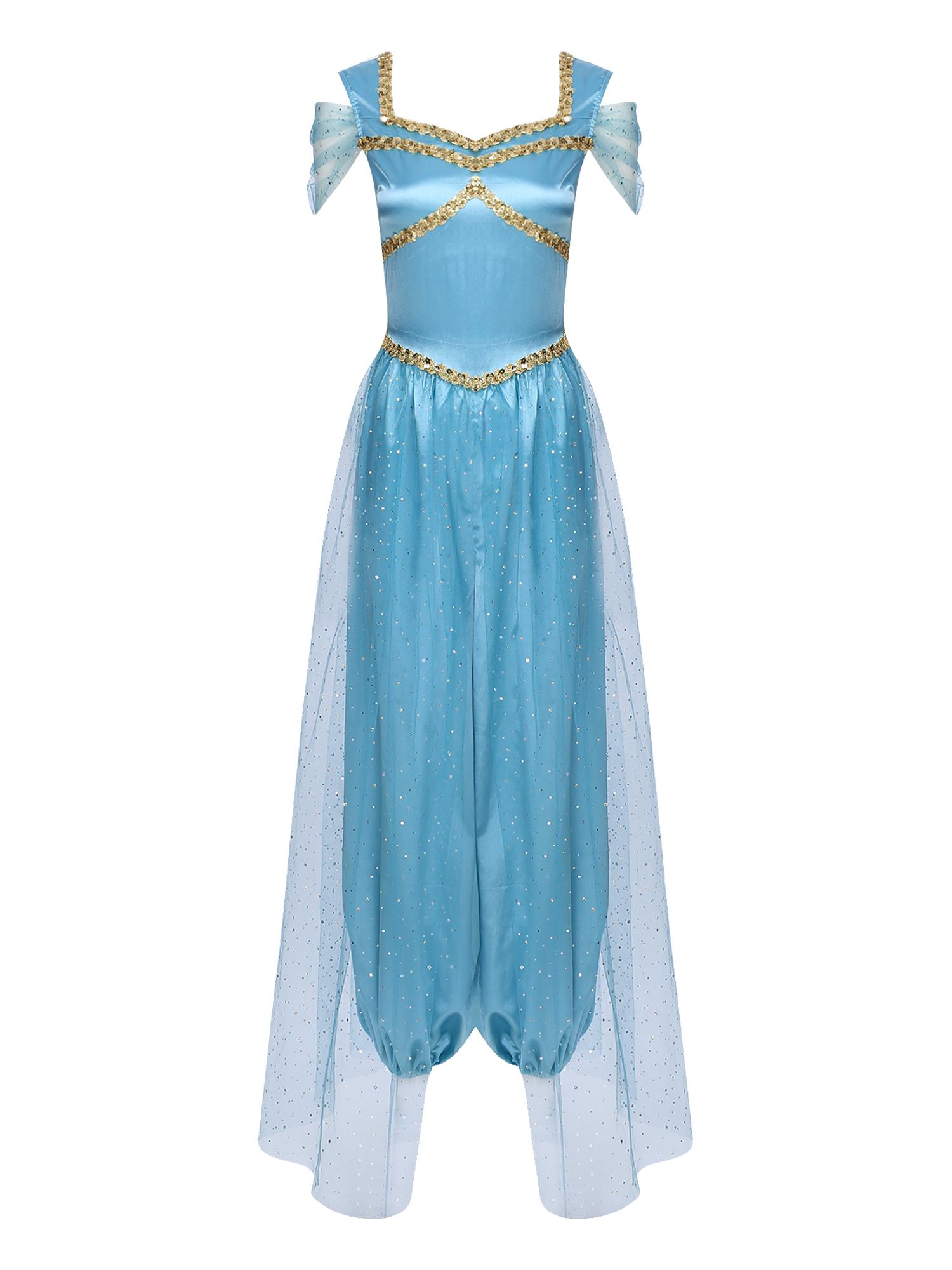 

Womens Belly Dance Jumpsuit Sequin Trim Pumpkin Pants Tulle Overlay One Piece Romper Arabic Halloween Costume 3XL озеро синього кольору