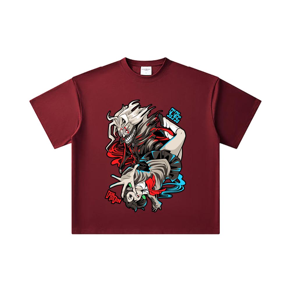

260 GSM Double Yarn 32 Count 100% Cotton Dandadan V38 Okarun Momo Print Unisex Heavy Cotton T Shirt 2XL вина червоного кольору