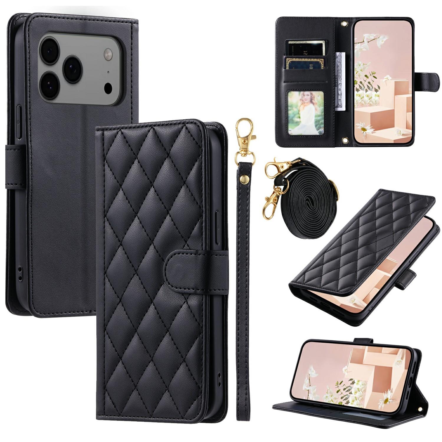 

For iPhone 17 Pro Max Case Wallet Rhombus Grid PU Leather Phone Cover with Shoulder Strap/Wrist Strap