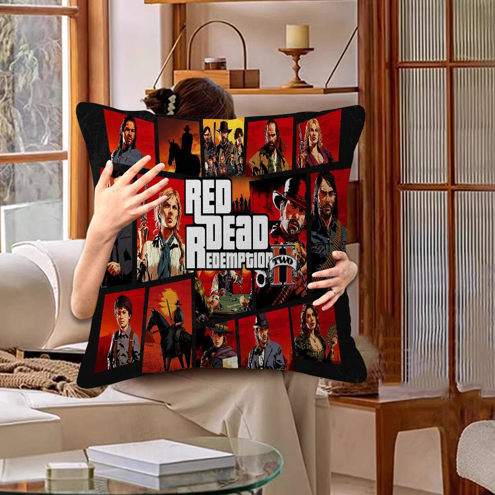 Funda de Almohada para TV de Juego Red-Dead-Redemption 2 Dibujos Animados Decorativa para Sofá del Hogar Impresión a Doble Cara Felpa Corta Funda de Cojín Linda