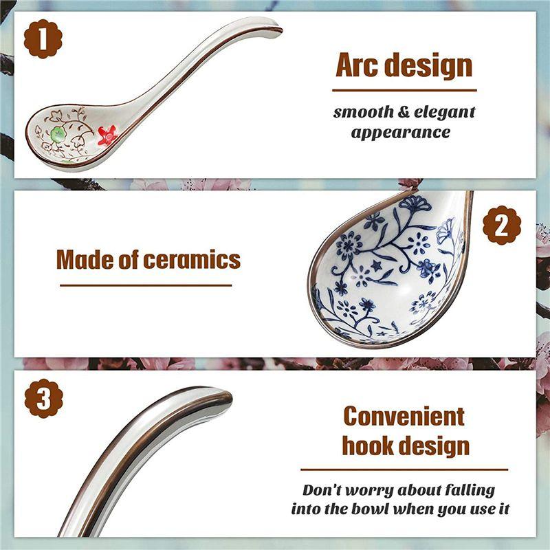 ABWR-8 Pieces Asian Retro Chinese Rice Spoons Curved Handle Ramen Soup Spoon Painted Flower Spoons With Long Handle