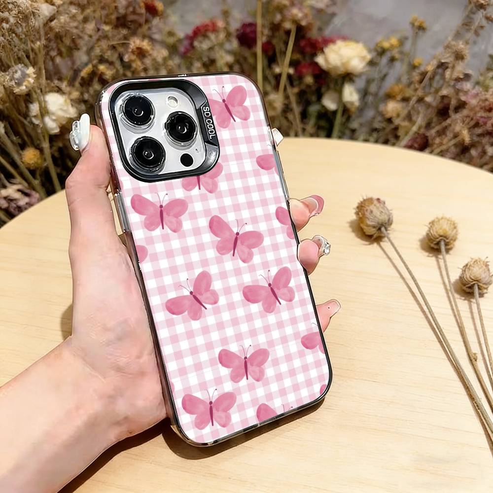 Pink Butterfly Pattern Phone Case For iPhone 17,16,15,14,13,12,11 Plus,Pro Max,XS,Colorful Silver Phone case Funda Cover