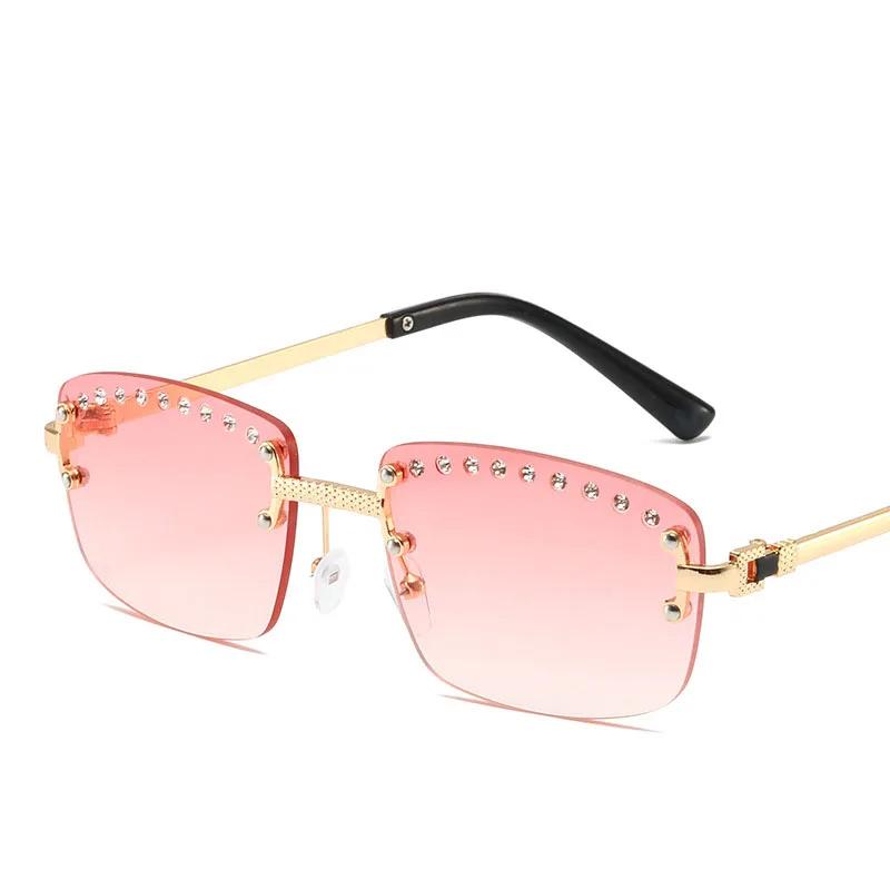 Vintage Rimless Square Diamond Sunglasses Women For Men Sun Glasses Punk Pink Shades Luxury Brand Designer Hip Hop Eyewear UV400