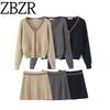 Za Autumn New Women Clothes 2025 Preppy Knitted Contrast Color Edge V-neck Cardigan Pleated Skirt Two-piece Set