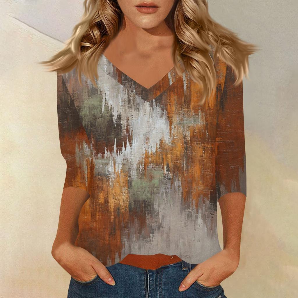 Women's T Shirt Print 3/4 Sleeve Daily Weekend Fashion Basic V- Neck Regular Top