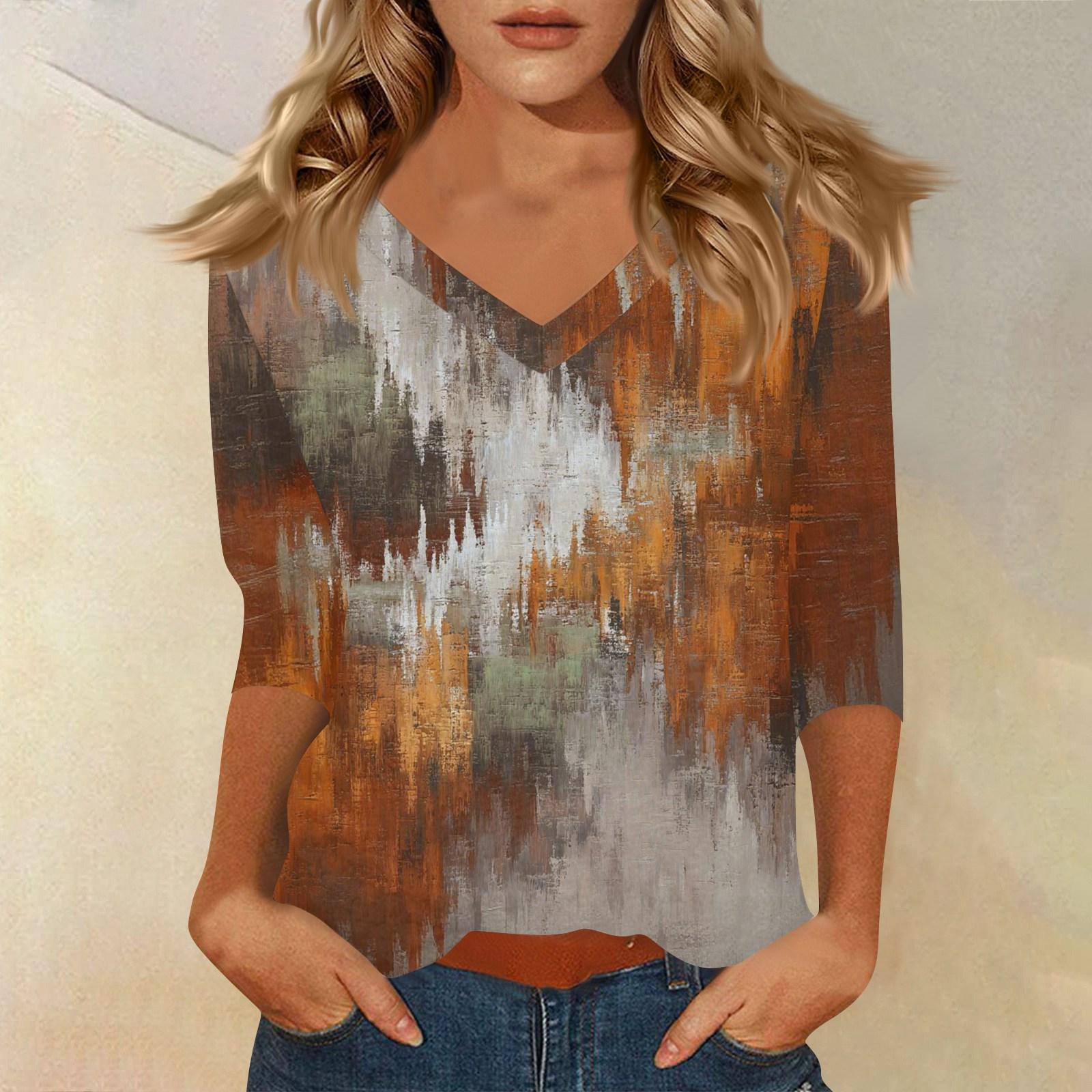 

Женская футболка с принтом, рукав 3/4, повседневная мода на выходные, базовый топ с V-образным вырезом XXL шафрановый