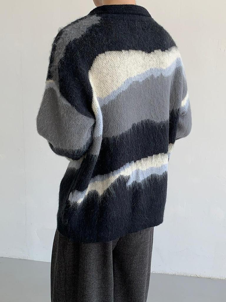 Unisex Retro Color Block Polo Collar Knit Sweater for Autumn/Winter