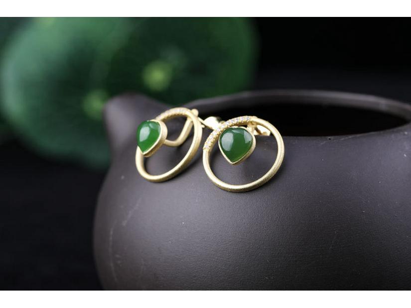 Gold-Plated 925 Sterling Silver Hetian Jade Two-Way Stud Earrings for Women with Certificate