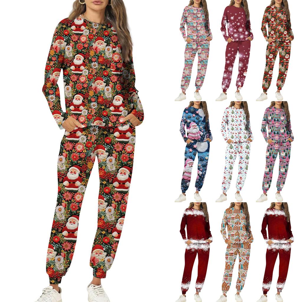 Sets für Damen 2-teilig Rundhals Langarmshirts Bedruckte Jogginghosen Taschensets