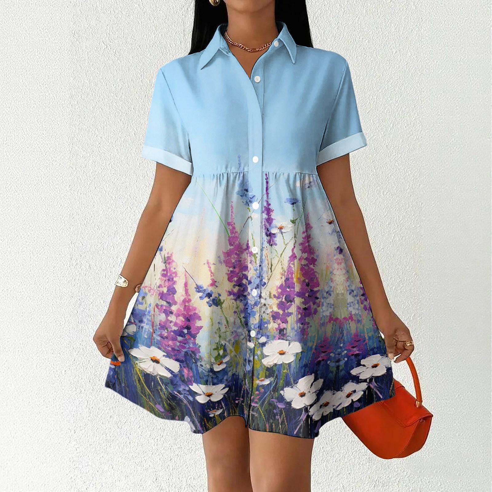 

Women’s Casual Loose Fit Button Down Shirt Dress with Stand Collar and Floral Print Short Sleeve Design for Daily Wear S