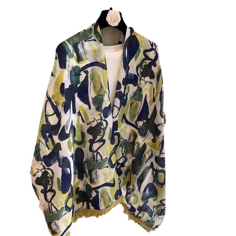 Spring And Summer Cotton And Linen Feel Scarf Bali Yarn Fringed Literary Printing Shawl Fashionable Versatile Women'S Small Fresh Shawl