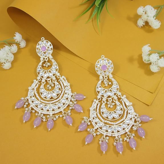 Gold Plated Traditional Kundan & Pearl Drop Dangle Chandbali Earrings For Women
