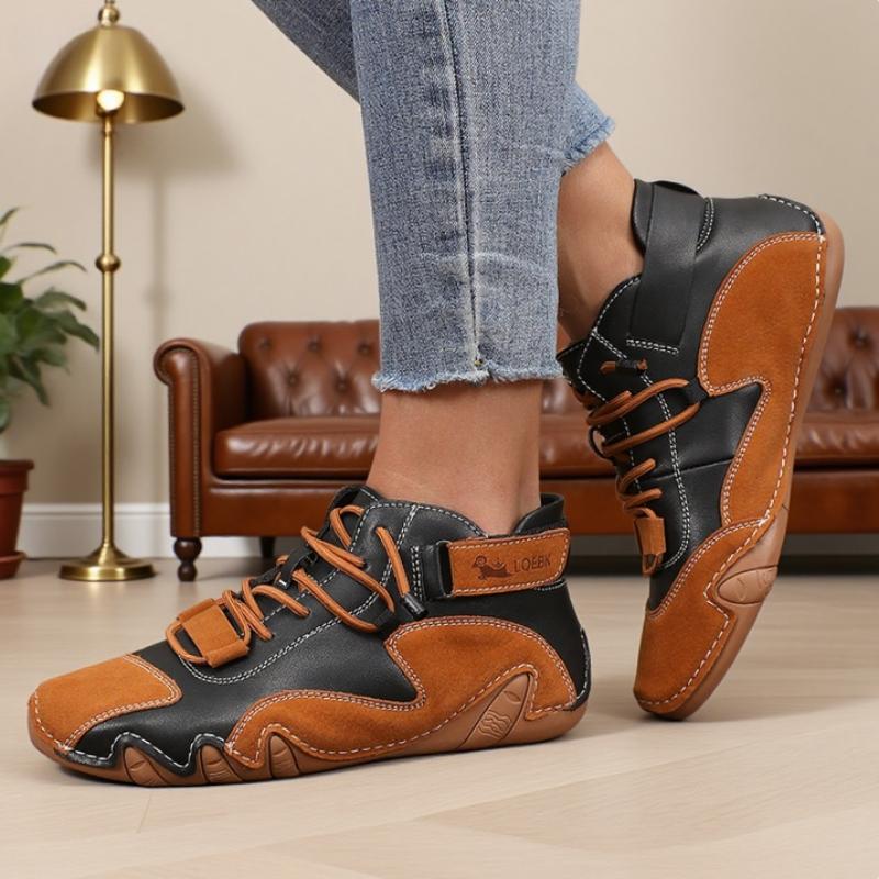 Women Ankle Boots Trendy Color Block Leather Fashion Brand Sneakers Retro Anti Slip Comfortable High Top Motorcycle Women Boots