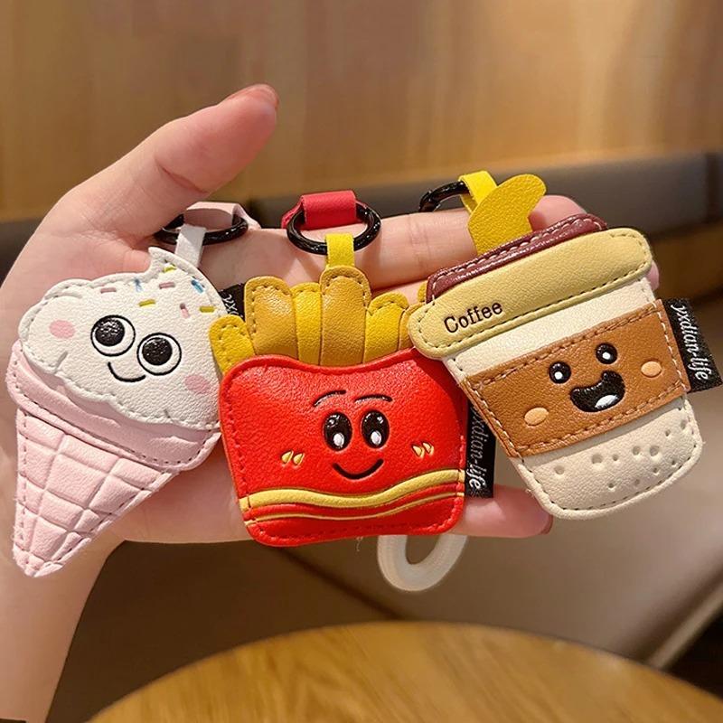 Creative Cartoon Leather Snacks Keychain Cute French Fries Coffee Ice Cream Keyring For Men Women Car Bag Pendant Jewelry Gift
