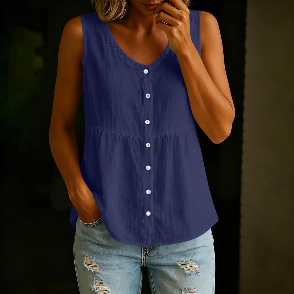 Women’s V Neck Button Front Sleeveless Loose Fit Casual Summer Blouse Top Relaxed Style Lightweight Comfortable Shirt