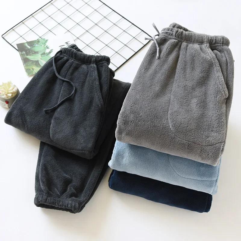 Couple Flannel Plush Thickened Pajamas Long Trouser Women's Home Pants Coral Velvet Trousers for Autumn and Winter Warm Pants