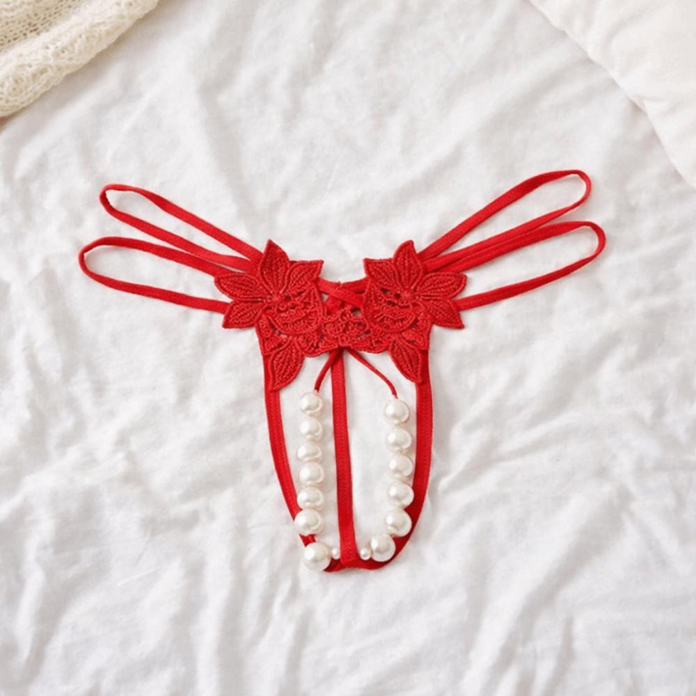 Hollow-out Women's Bigsize Thong Low-waist Mesh Lace Briefs Breathable Pearl Lace Underwear  Female