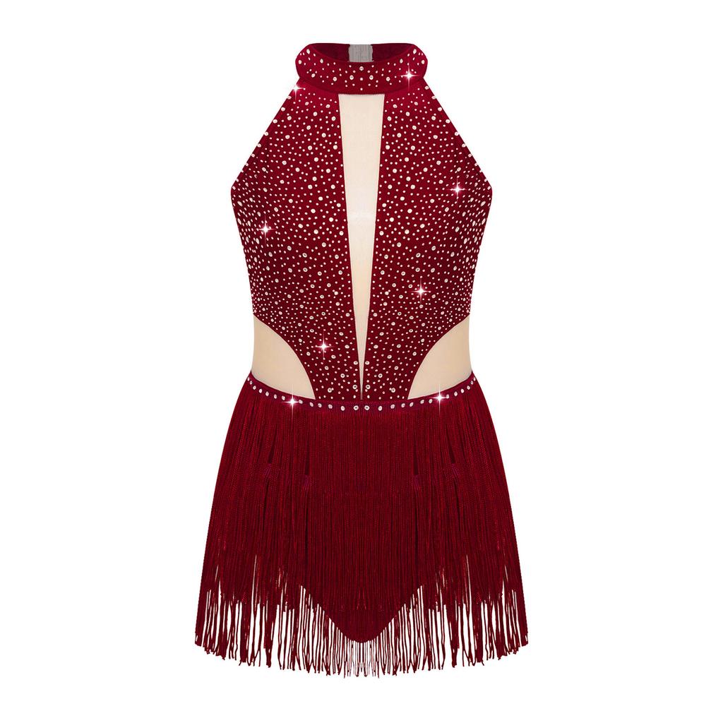 Girls Sparkly Performance Bodysuit Sleeveless Backless Style Rhinestone Fringe Detail Latin Dance