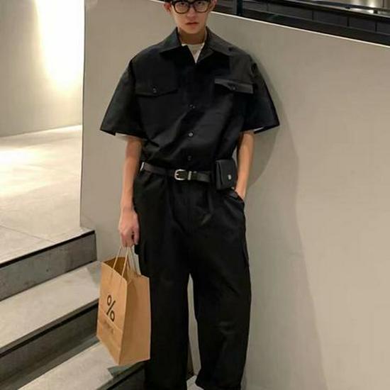 Conjunto de macacão casual masculino de manga curta