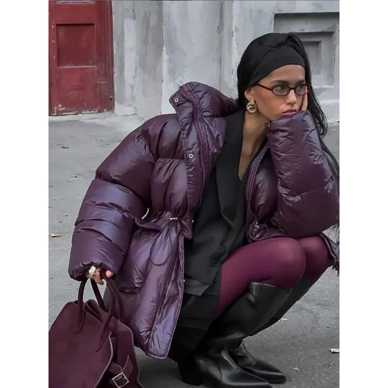 Winter Warm Burgundy Thicken Cotton Jacket Women Elegant Stand Collar Lace Pocket Zipper Coat Fashion Lady High Streetwear