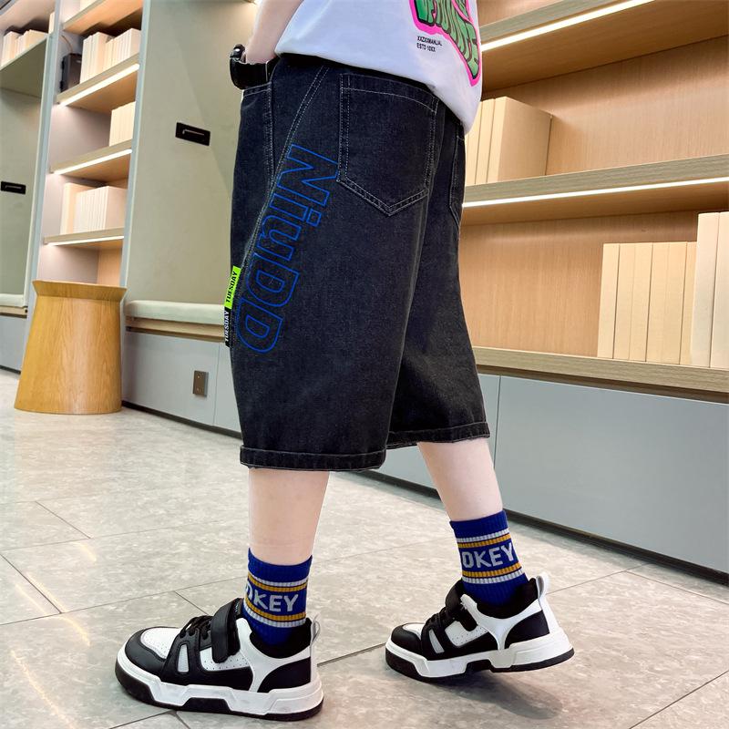 Korean Kids Boy Loose Straight Summer Jeans Shorts Tweens Child Luxury Black Blue Denim Shorts