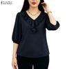 ZANZEA Women Ruffles V-Neck Solid Color Loose 3/4 Sleeve Blouse