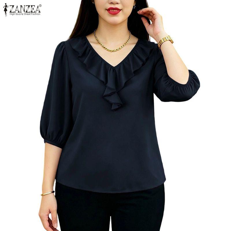 ZANZEA Women Ruffles V-Neck Solid Color Loose 3/4 Sleeve Blouse