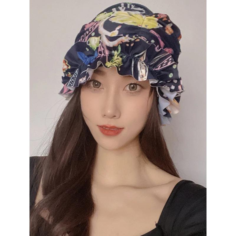 Womens Swim Cap for Long Hair Cute Korean Style Colorful Fabric Design Elegant Beach Photography Hot Spring Swimming Cap