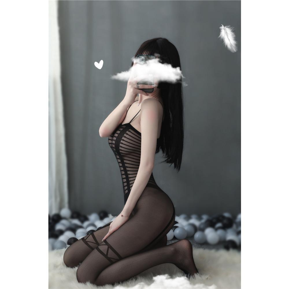 Sexy Lingerie Women's Sexy Lines Open Jumpsuit Uniform Temptation Black Hand Torn Stockings Onesie Silk 8866