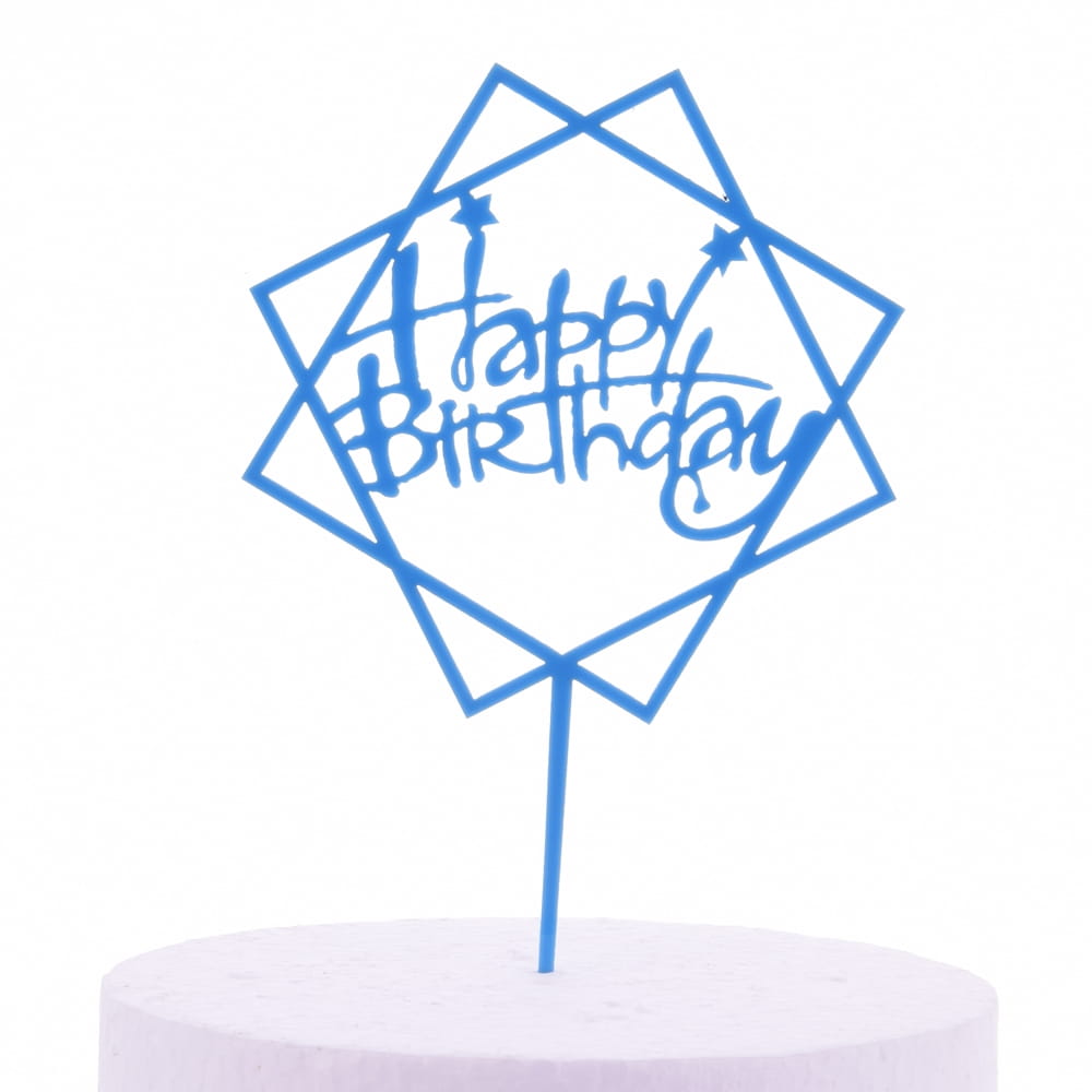 Topper Akrylowy Na Tort Happy Birthday Niebieski Kwadrat