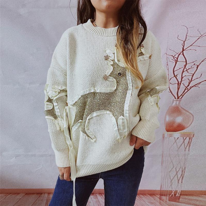New Autumn/winter Christmas Sweater Women's Ribbon Gold Thread Jacquard Deer Round Neck Thick Knit Pullover