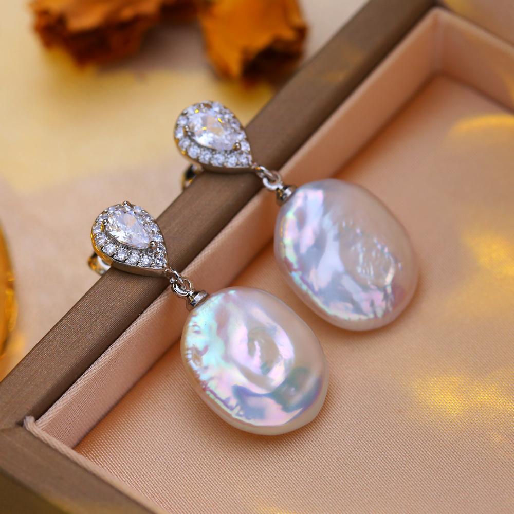 Big Baroque Natural Freshwater Pearl Earrings Fashion Cubic Zirconia Pearl Drop Earrings For Women Party Jewelry