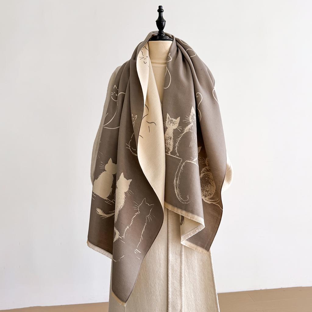 New Luxury Winter Cashmere Little Cat Print Scarf Women Warm Pashmina Poncho Scarves Fashion Shawl Thick Foulard Bufanda
