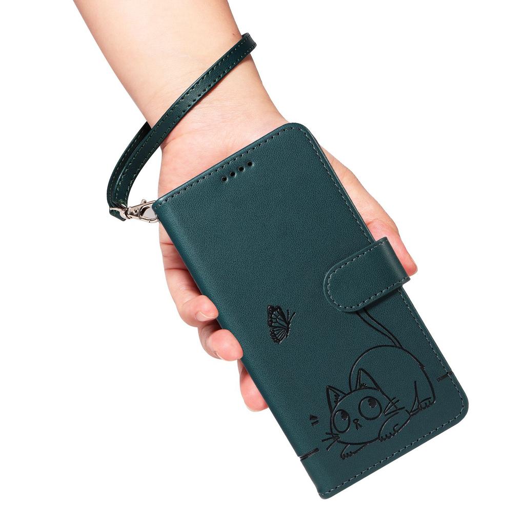 Leather Wallet Flip Case For OPPO A57S A77 A15 A15S A16 A16S A54S A17 A96 4G 5G Cat and Butterfly Embossed,Wrist Strap