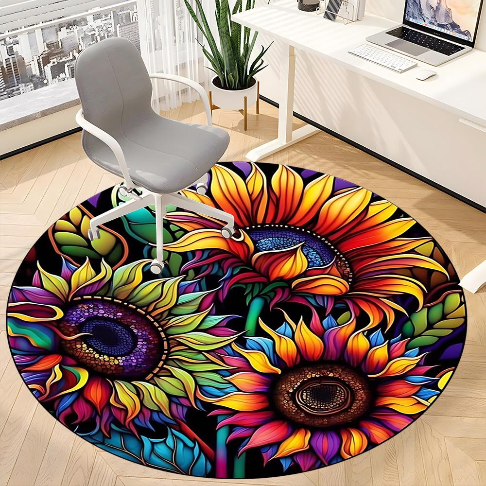 1 Stück Bunter Sonnenblumen-Buntglas-Stuhlteppich für das Büro, Runde Polyestermatte, Büro, Pflegeleichtes Gewebe, Waschbarer rutschfester Teppich