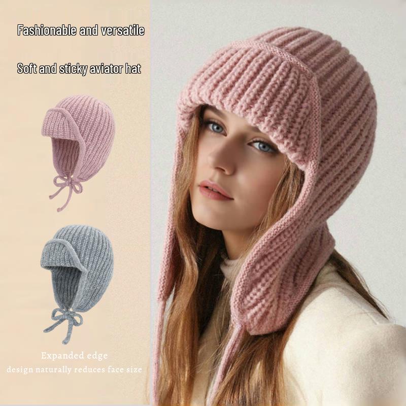 Women's Large Woolen Aviator Hat: Warm, Ear-Protecting, Loose Fit, Face-Slimming, Versatile Knitted Design for Autumn and Winter.