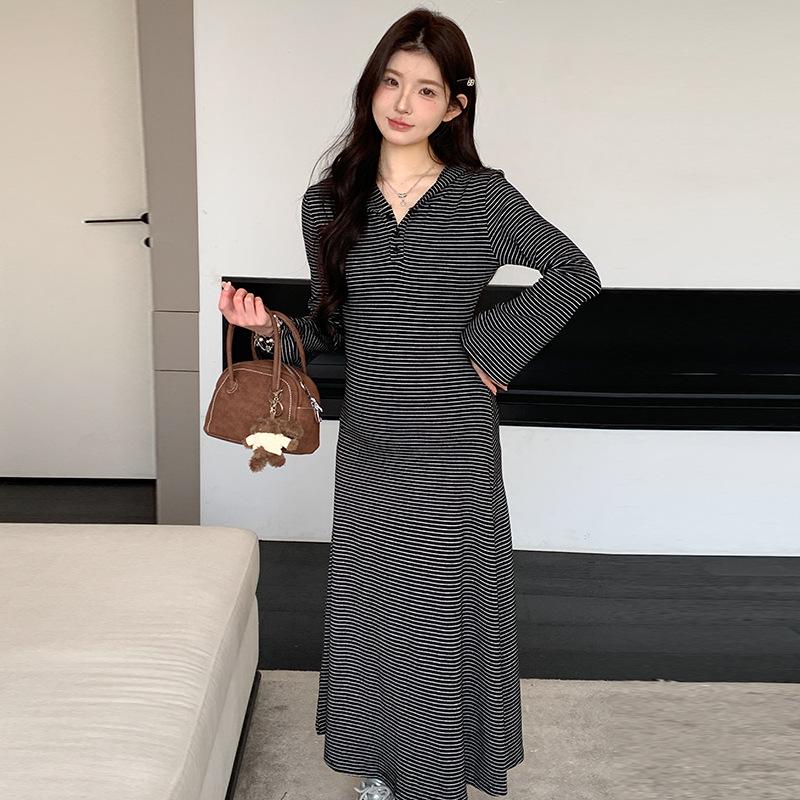 2026 Spring Korean Style Black & White Striped Maternity Maxi Dress M